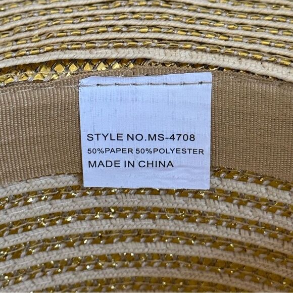 Kallina Metallic Gold & Straw Floppy Round Sun Hat Beach - Picture 6 of 8